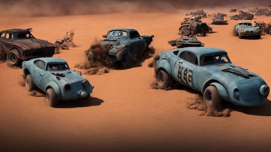 Image similar to pixar cars in mad max fury road, cartoon eyes, war boys, furiosa, explosions, imax