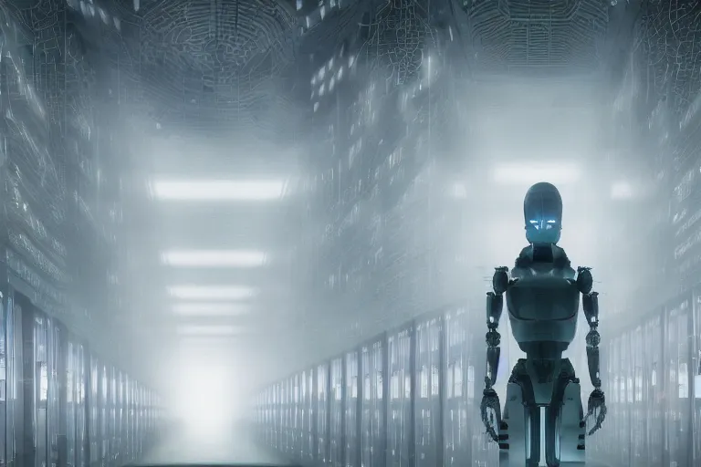 Prompt: extremely detailed cinematic movie still 3 0 7 7 foggy portrait shot of a robot in an endless data centre by denis villeneuve, wayne barlowe, simon birch, philippe druillet, beeple, bright volumetric sunlight from small windows, rich moody colors