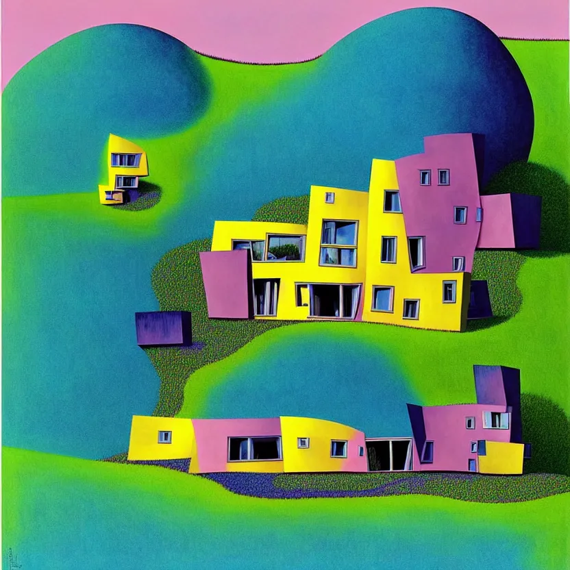 Image similar to surreal glimpse into other universe, a house by frank gehry on an island, summer morning, very coherent and colorful high contrast, art by!!!! gediminas pranckevicius!!!!, geof darrow, floralpunk screen printing woodblock, dark shadows, hard lighting, stipple brush technique,