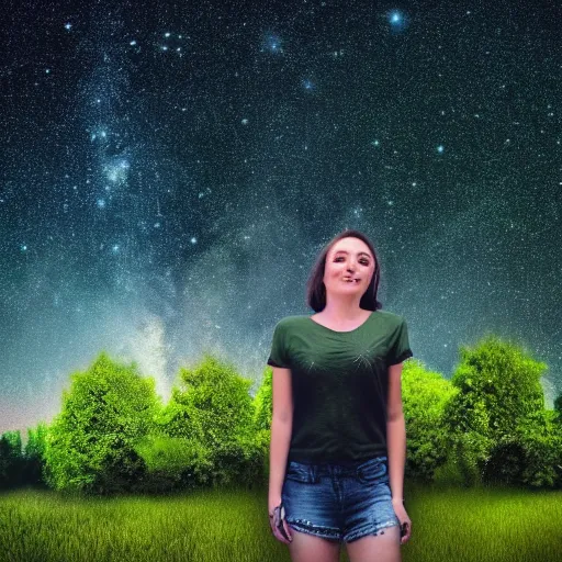 Prompt: an hd photo of a cute young woman with short brown hair and green eyes, beautiful trees in the background, night sky with stars and galaxies, trending on artstation