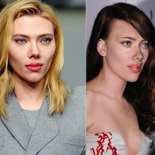 Prompt: a woman who is a genetic combination of scarlett johansen and marie iitoyo face and upper - body focus