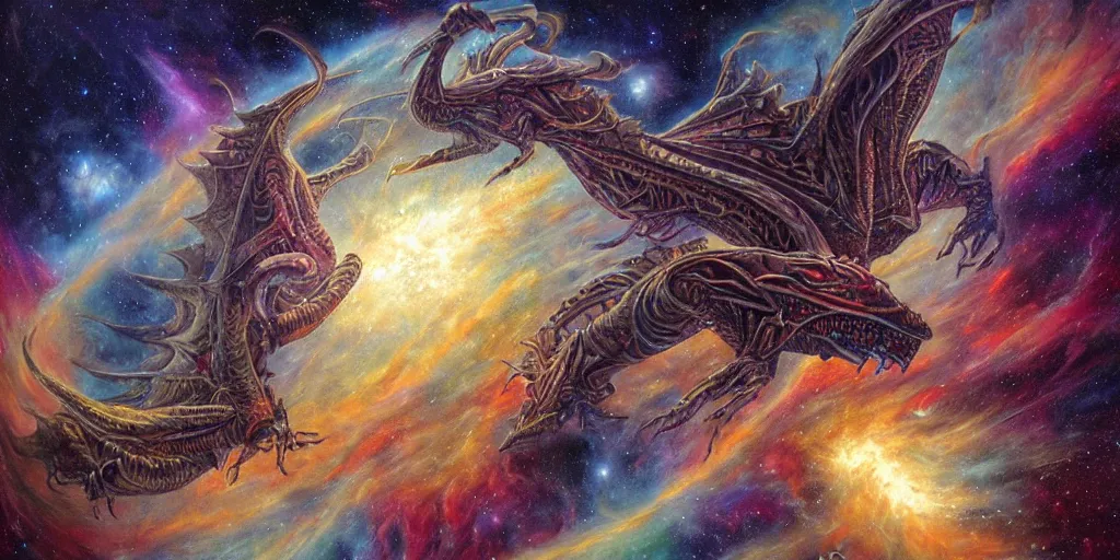 Image similar to an alien dragon flying in outer space, epic nebula, Dan Seagrave art