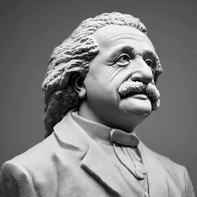 Prompt: photography of a sculpture of Albert Einstein made of clay by Sebastian Kruger and Michelangelo, 50mm, studio atmosphere, 8K, rim light, octane render, ultra-realistic