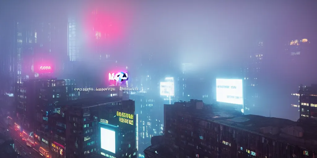 Image similar to giant illuminated advert screens, megacity streets seen from above, eerie fog, neon signs, blade runner, ex machina