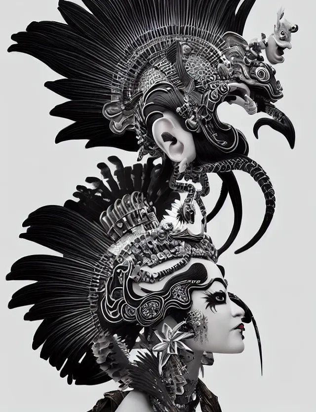 Image similar to 3 d goddess close - up profile portrait punk with mohawk with ram skull. beautiful intricately detailed japanese crow kitsune mask and clasical japanese kimono. betta fish, jellyfish phoenix, bio luminescent, plasma, ice, water, wind, creature, artwork by tooth wu and wlop and beeple and greg rutkowski