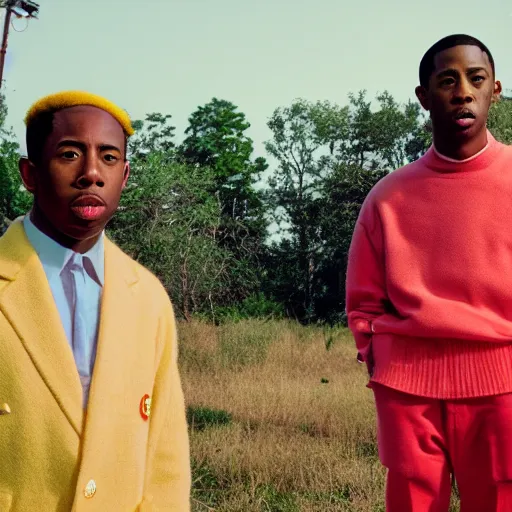 Prompt: A wideshot of Tyler The Creator in a Wes Anderson movie, 8K concept art, vintage, shot on Kodak Ektar, detailed, golden hour