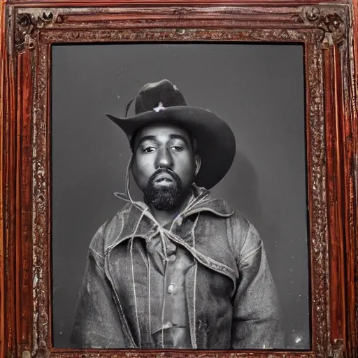 Image similar to a photo of kanye west as a cowboy taken in 1 8 6 0's, real life, detailed face, grainy