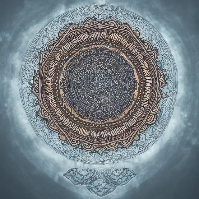 Image similar to Lotus Mandala, labyrinth, hyperrealistic, middle earth, hobbit, runes, dream, magic, ethereal, healing energy, octane render, CGSociety, 8k