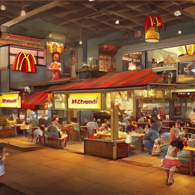 Prompt: a mcdonald's restaurant in hell trending on artstation deviantart pinterest detailed realistic hd 8 k high resolution