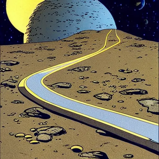 Prompt: highway on the moon, by moebius