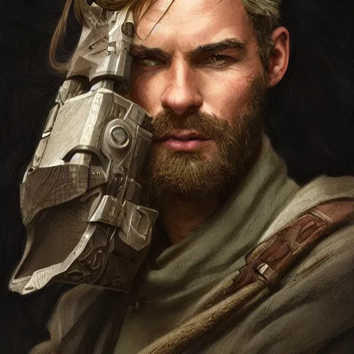 Image similar to portrait of a rugged male ranger, D&D, fantasy, intricate, elegant, highly detailed, digital painting, artstation, concept art, smooth, sharp focus, illustration, art by artgerm and greg rutkowski and alphonse mucha