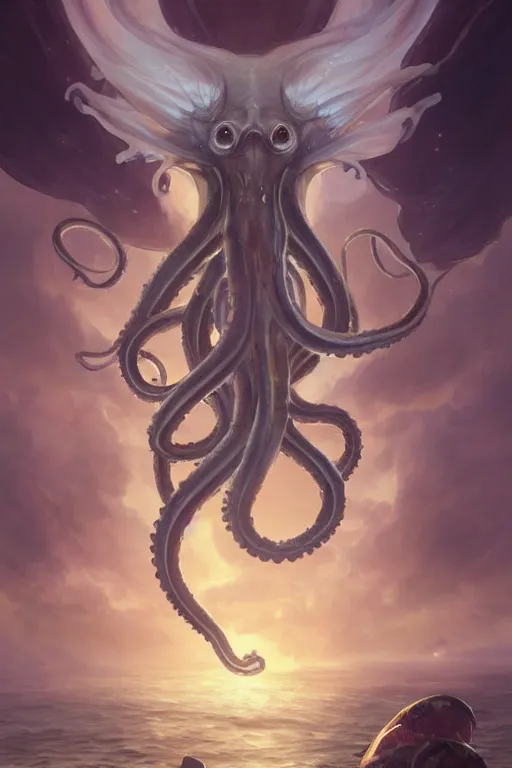 Image similar to a holy cephalopod with long powerful tentacles and a single large eye, broad angel wings wearing long white robe, highly detailed, digital painting, artstation, concept art, matte, sharp focus, illustration, dramatic, sunset,hearthstone, art by Artgerm and Greg Rutkowski and Alphonse Mucha