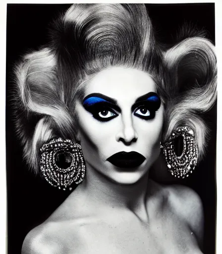 Image similar to a high quality, high detail, portrait of a drag queen by richard avedon, intense look in the eyes, moody, nostalgic