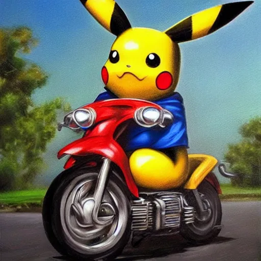 Image similar to pikachu riding motorcycle, nestor canavarro hyperrealist art style, sharp brushstrokes