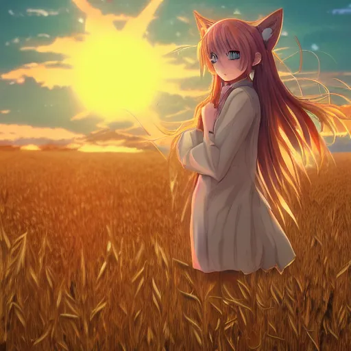 Prompt: anime illustration of Holo from Spice and Wolf standing in a wheat field at sunset, Holo if a wolf girl, high detail, trending on artstation