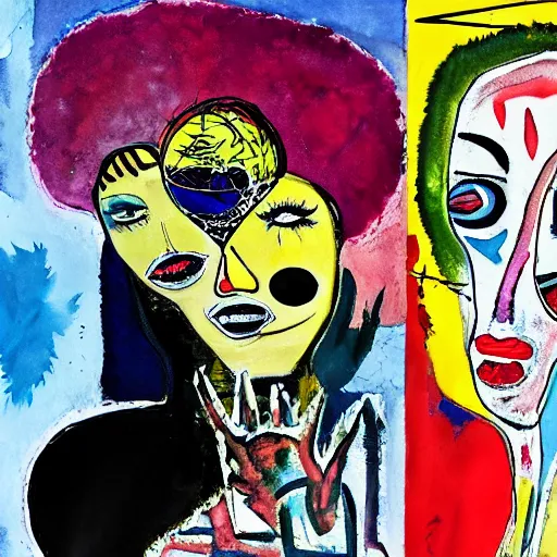 Prompt: watercolor painting of two bizarre psychedelic goth women kissing each other closeup in a cafe in spain, speculative evolution, mixed media collage by basquiat and jackson pollock, maximalist magazine collage art, sapphic art, lesbian art, chemically damaged