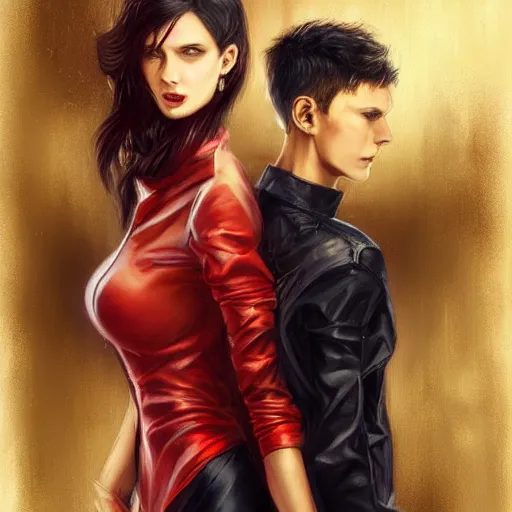 Prompt: adult pair of twins, male and female, arrogant and mischeivous, urban fantasy, half portrait, urban background, highly detailed, digital painting, artstation, concept art, sharp focus, smooth, art by artgerm and livia prima and magali villeneuve, elegant red black and gold clothing