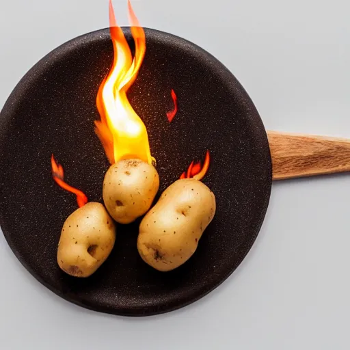 Prompt: a potato on fire, white background