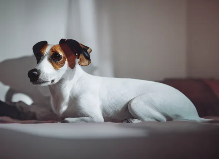 Image similar to photography of a Jack Russel . watching outside the window. on a bed. in a vintage room full of vinyls and posters.,volumetric light, photorealistic,, award winning photo, 100mm, sharp, high res