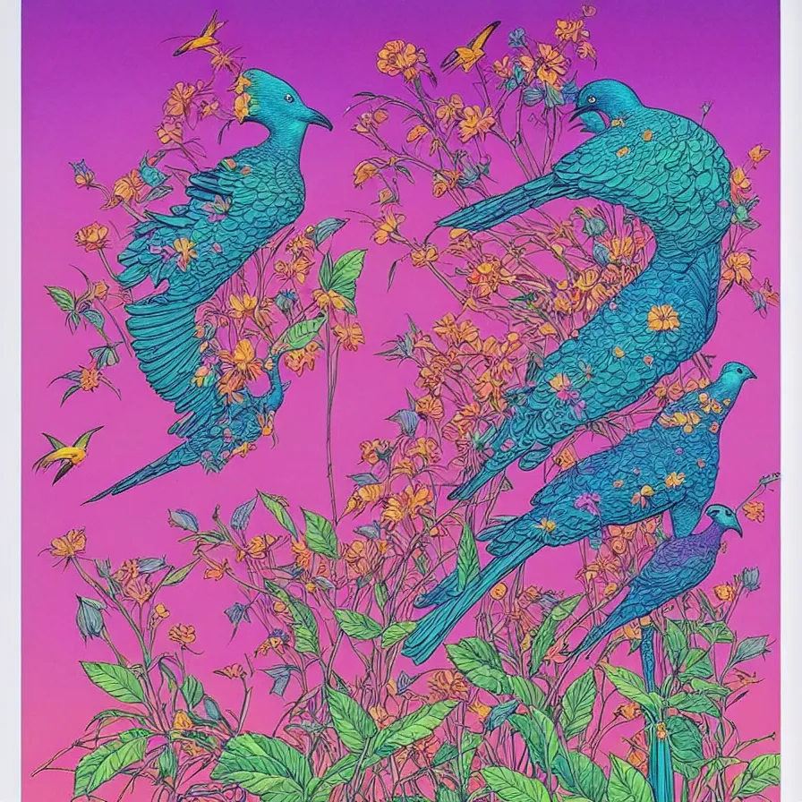 Image similar to ( ( ( ( beautiful flowers and birds, with decorative frame design ) ) ) ) by mœbius!!!!!!!!!!!!!!!!!!!!!!!!!!!, overdetailed art, colorful, artistic record jacket design