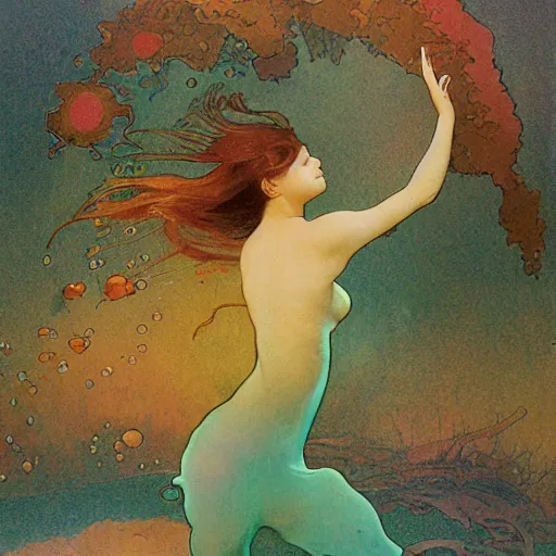 Image similar to Young girl dancing at the bottom of the sea,Perfecting the contours of the face,full-body,Realistic style,smog,Corals, aquatic plants, tropical fish,by Alfons Maria Mucha style