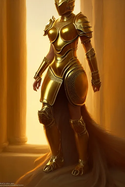 Image similar to professional digital art of a hyper realistic and highly detailed woman beautiful golden armor. accurate rending of one woman in armor. greg rutkowski, zabrocki, karlkka, jayison devadas, intricate, trending on artstation, 8 k, unreal engine 5, pincushion lens effect