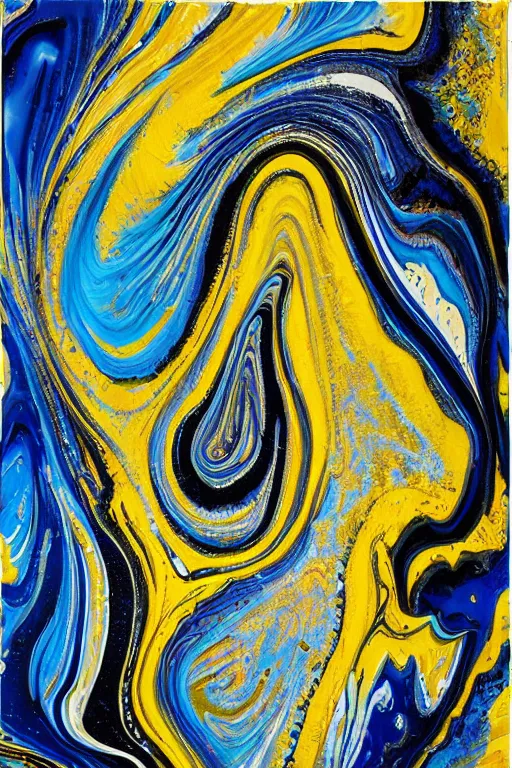 Prompt: acrylic paint pour, marbling, very detailed, large white border, 144x144 canvas, hd, high resolution print :1 Cyan, Yellow and Black :1