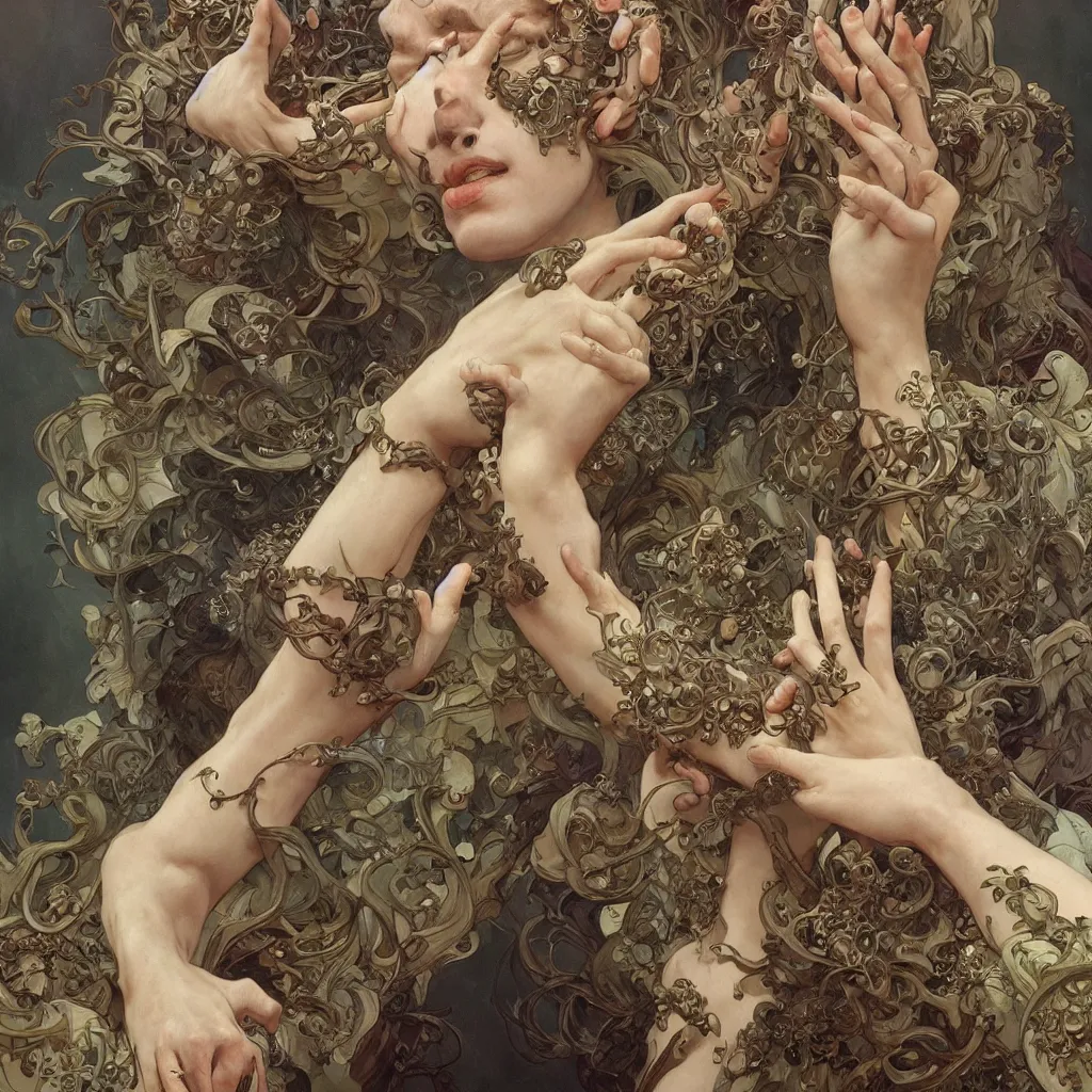 Image similar to too many hands, gnarled, so many hands, fingers, weird amount of hands, fantasy, intricate, elegant, highly detailed, digital painting, artstation, concept art, smooth, sharp focus, illustration, art by artgerm and greg rutkowski and alphonse mucha