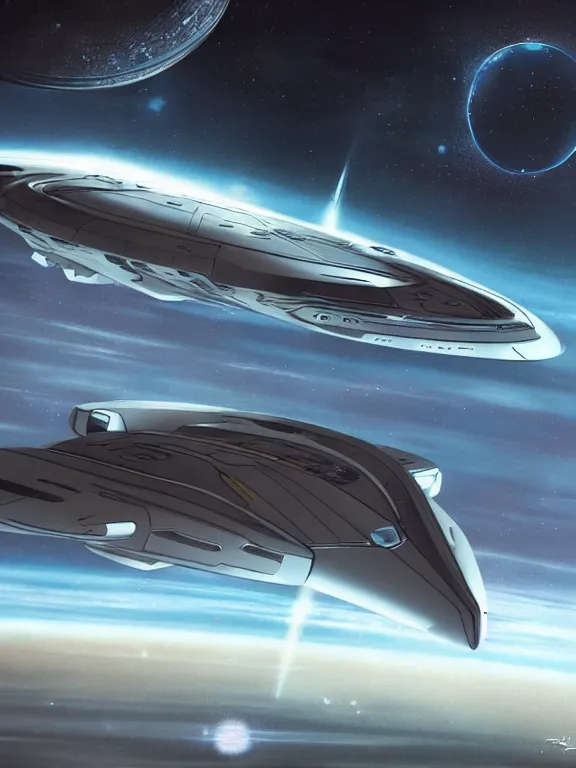 Image similar to futuristic symmetric flying spaceship from star trek, concept art, detailed, in space, by lin hongy