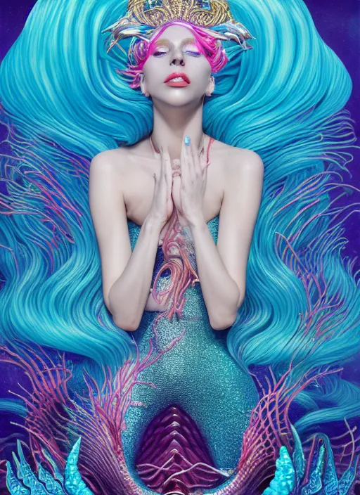 Prompt: lady gaga mermaid, deep ocean : : by martine johanna and simon stalenhag and chie yoshii and casey weldon and wlop : : ornate, dynamic, particulate, rich colors, intricate, elegant, highly detailed, vogue, harper's bazaar art, fashion magazine, smooth, sharp focus, 8 k, octane render,