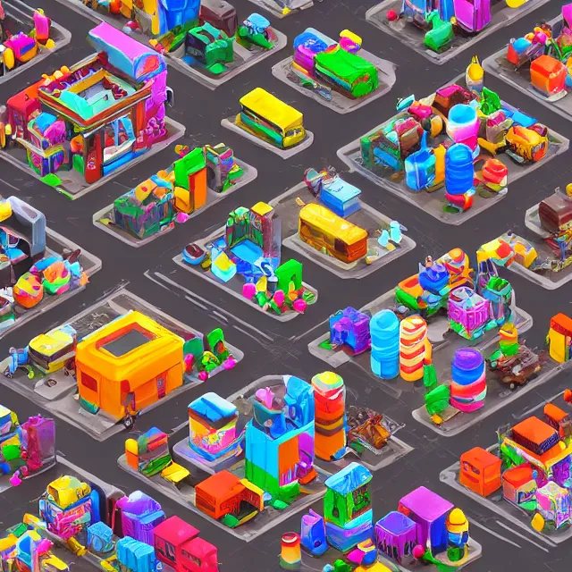 Image similar to isometric candy city, post apocalyptic, abandoned city made of candy and sweets, isometric 3 d game render, unreal engine, dramatic lighting, highly detailed