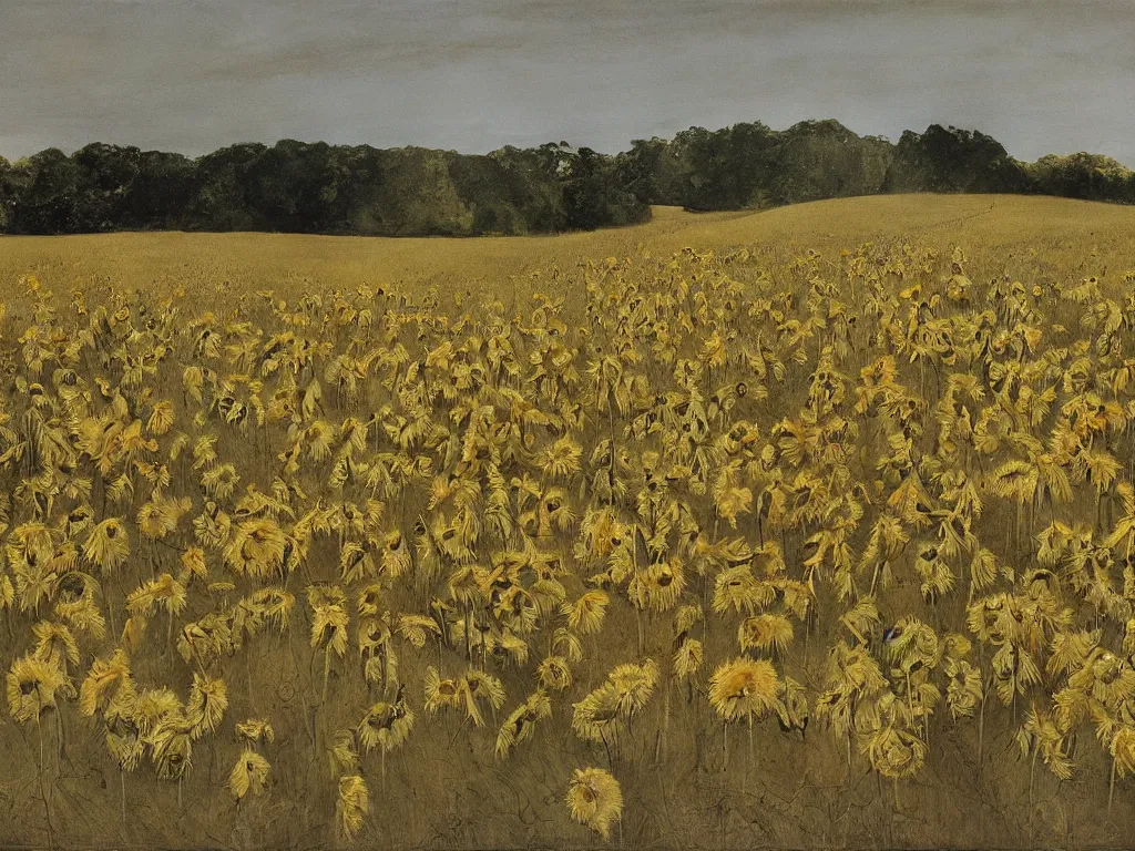 Prompt: Field of withered sunflowers and lotuses painted by Andrew Wyeth.