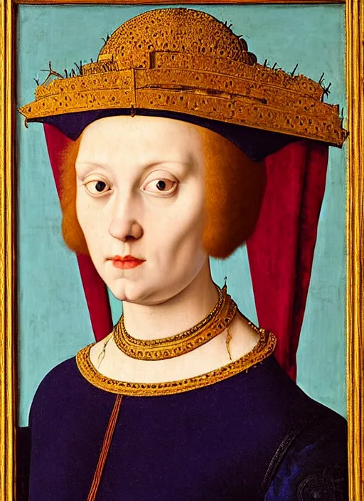 Prompt: portrait of young woman in renaissance dress and renaissance headdress, art by jan van eyck