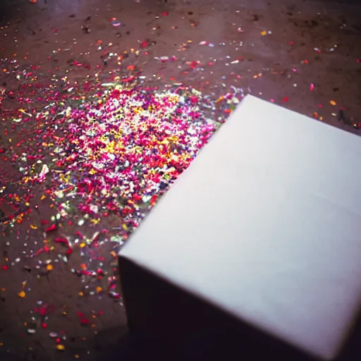 Prompt: kodak portra 4 0 0, flickr photograph destroy lonely emerging out from a gift box with confetti explosion