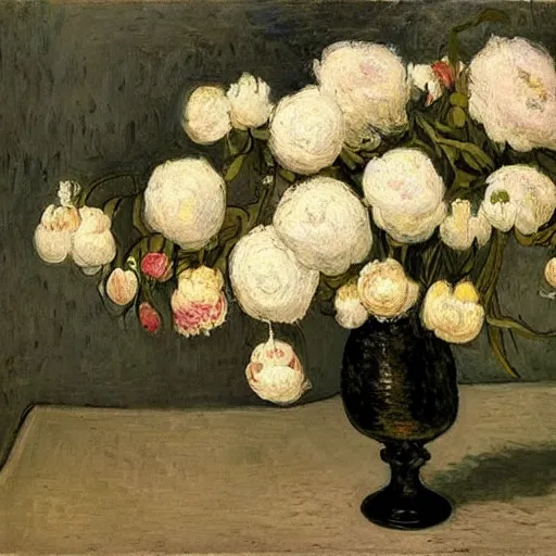 Image similar to atmospheric beautiful bouquet of white delicate peonies in the sunny room of his beloved wife, wang gogh wrote