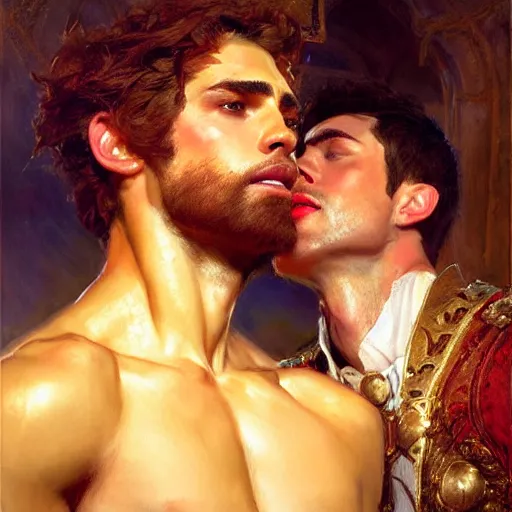 Prompt: attractive fully clothed king confesses his love for his attractive fully clothed male prince. highly detailed painting by gaston bussiere, craig mullins, daniel f. gerhartz, j. c. leyendecker 8 k