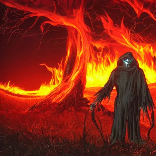 Image similar to the grim ripper contemplating his work after harvesting the soul of the living. fire all around. realistic, high detail