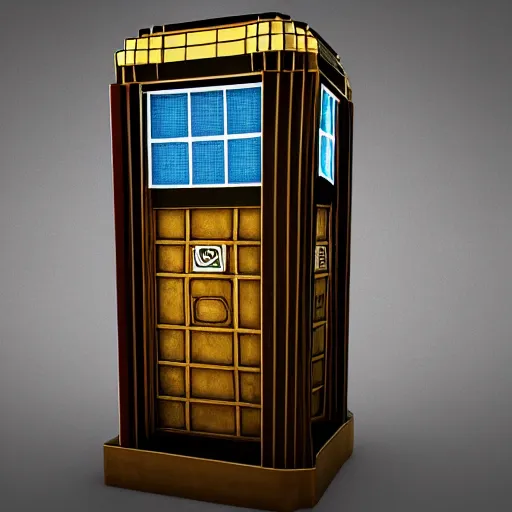 Image similar to Art Deco Tardis console and interior, 3d render, hyper realistic, unreal engine, detailed