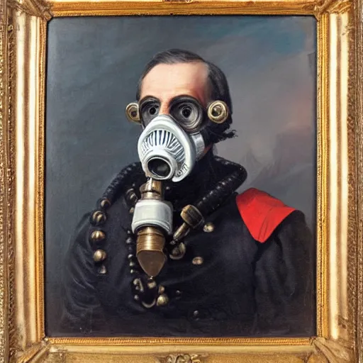 Prompt: an 1800's admiral wearing a gp5 gasmask, portrait, oil painting, high detail