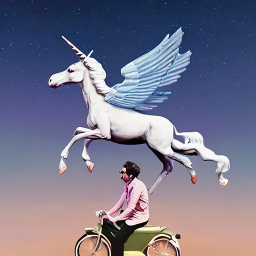 Image similar to jeff goldblum riding a winged unicorn, art by beeple, hyperrealistic