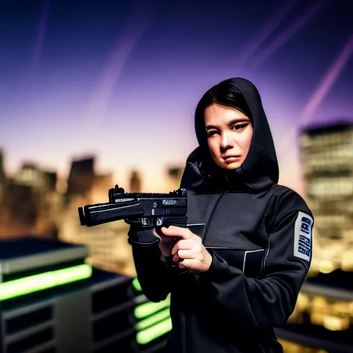 Image similar to photographic portrait of a techwear woman holding a Glock 18, closeup, on the rooftop of a futuristic city at night, sigma 85mm f/1.4, 4k, depth of field, high resolution, full color, award winning photography