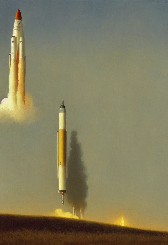 Image similar to a _ painting _ of _ a _ scifi _ rocket _ by _ peter _ ilsted