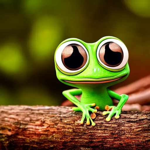 Image similar to baby pepe the frog, larg eyes, sitting on a log, pixar, disney, dynamic lighting, bokeh