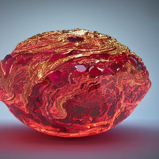 Image similar to octane render : intricate, precision, meticulously carved hyperdetailed ruby crystal, floating on a dripping stream of molten gold that is being filtered through a brilliant blue satin marbled sheet in infinite time. 8 k resolution, 8 k 3 d, photorealistic.