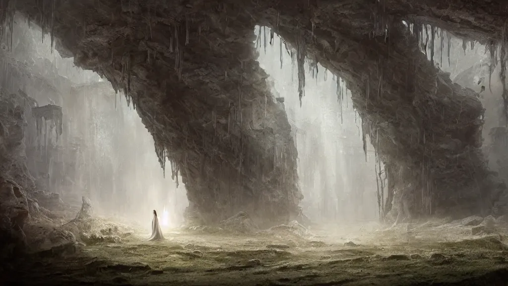 Prompt: a surreal dreamlike scene of a lone ghostly spirit wisp floating through the ruins of an ancient impossibly advanced race, somber melancholic matte painting, highly detailed oil painting, liminal space, 8k, stillness, solitude, sorrowful nostalgic awe-inspiring atmosphere, masterpiece