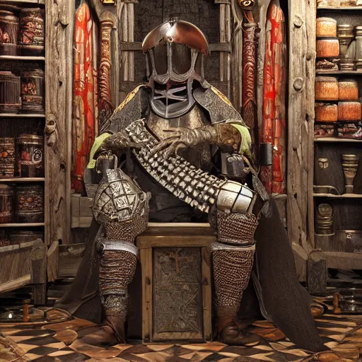 Image similar to full body portrait photo of Dennis hopper as a devious medieval lord in a giant medieval Shop, unreal engine, octane render, intricate details, 8k high definition, beauriful, ornate, hypermaximalistic