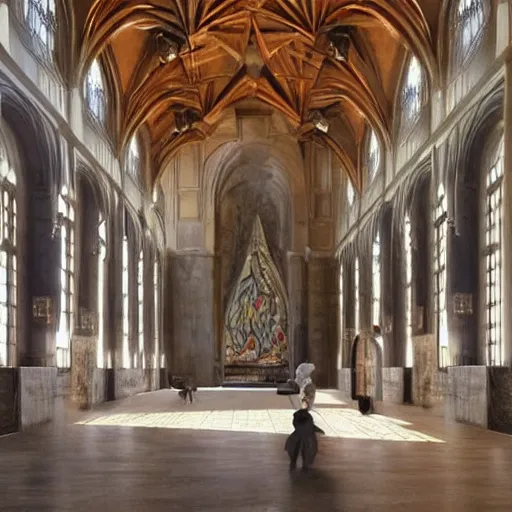 Prompt: giant medieval great hall room with walls filled with modern art paintings, doors that are cosmic portals, painting by Artgerm