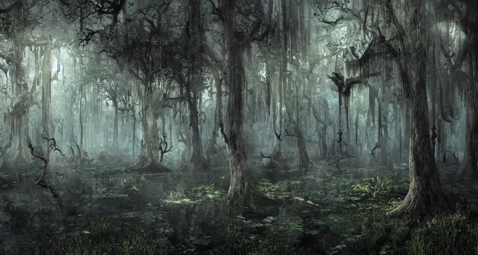 Prompt: A dense and dark enchanted forest with a swamp, by Fortiche Studio