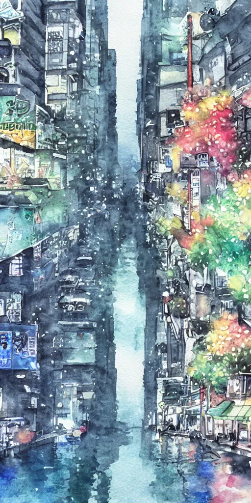 Image similar to hyper realistic manga city water color