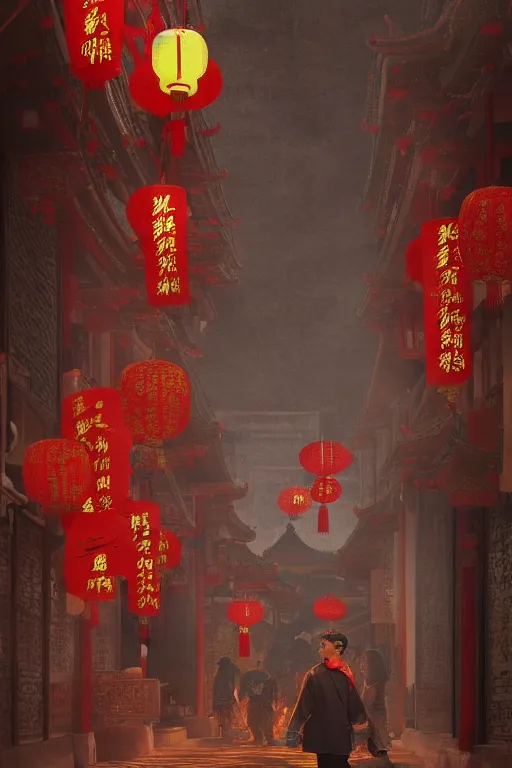 Image similar to on the night of the chinese new year's day, many chinese ghosts wander in the ancient chinese streets. the guiding line composition method, the tindal effect, the soft light, the cool color, by wu jinyuan, trending on artstation